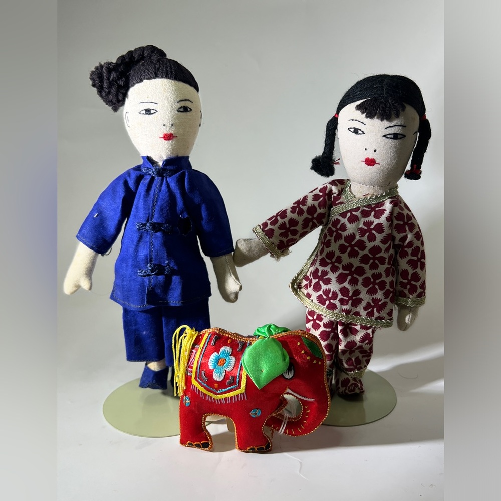 Vintage (2) Ada Lum 19" Cloth Dolls Ea. W/Stand + Pier 1 Elephant
